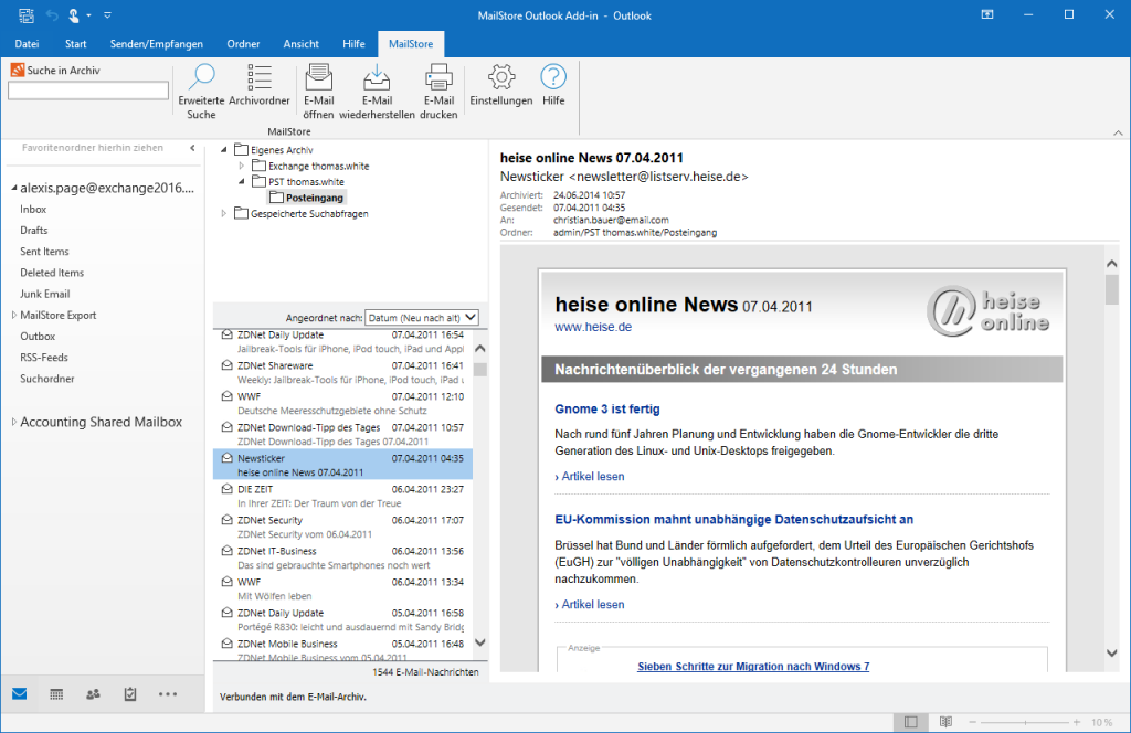 Das Outlook-Add-in von MailStore Server