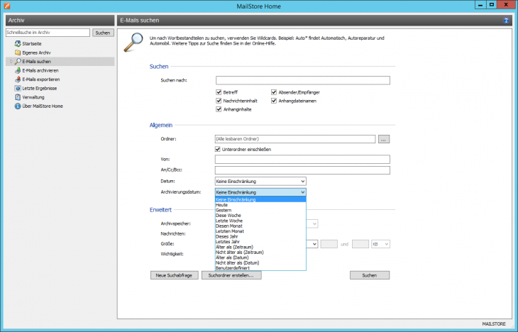 Erweiterte Suche Mailstore Home