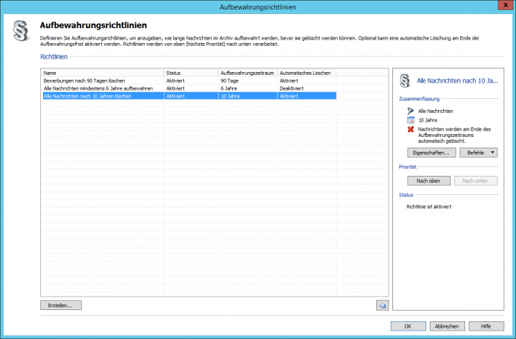 Beliebig viele Aufbewahrungsrichtlinien definierbar