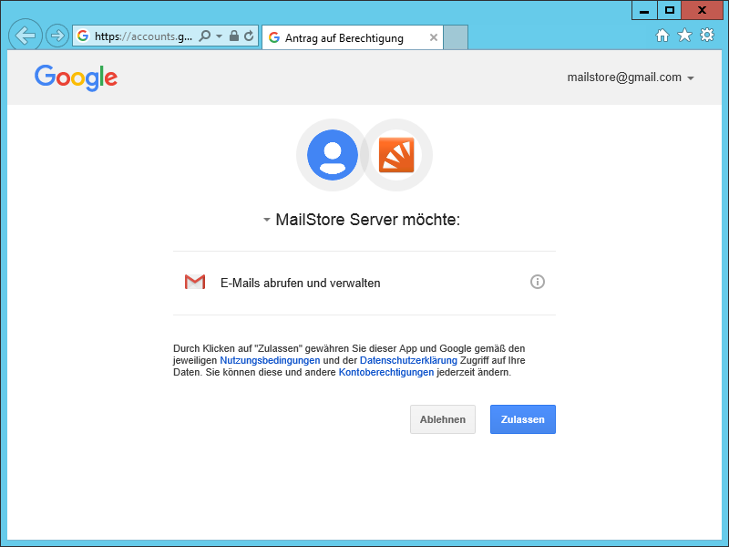 Gmail-Zugriff von MailStore Server mittels OAuth