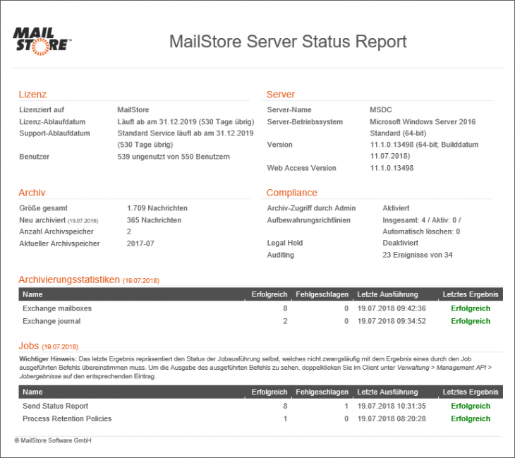 Statusreports in MailStore Server