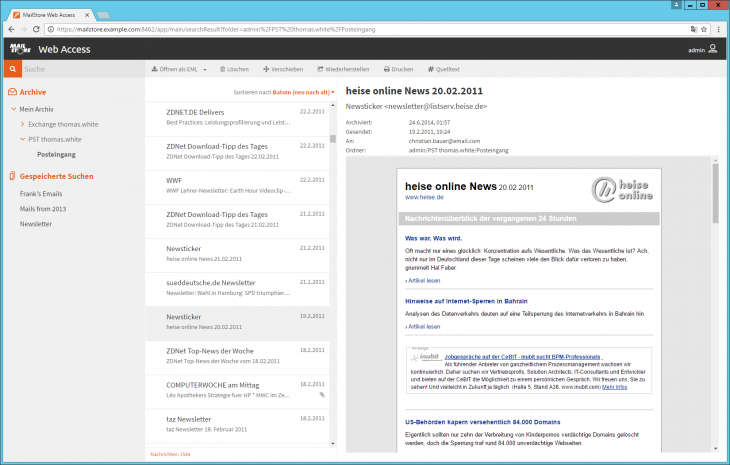 Screenshot Browserbasierter Zugang mit dem MailStore Web Access