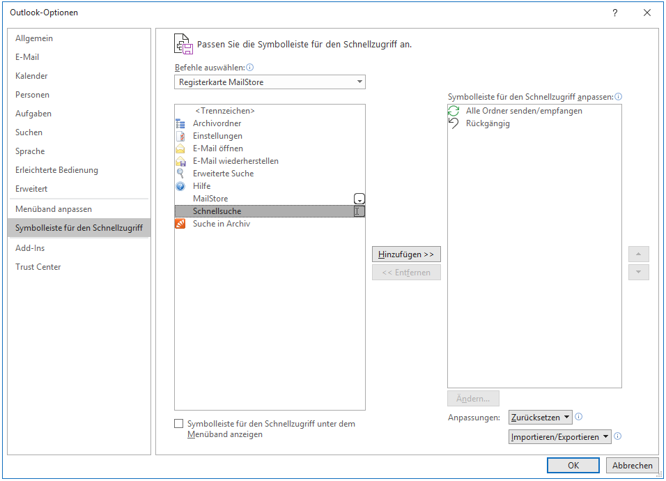 Ansicht des Schnellzugriffs im Microsoft Outlook Add-in