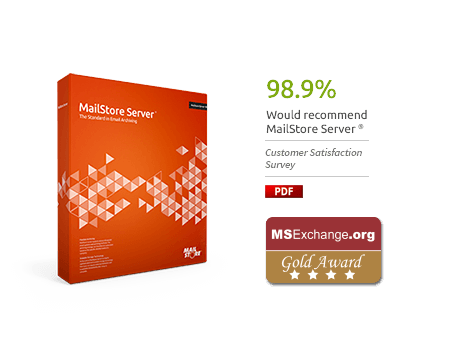 MailStore Server Box with Customer Satisfaction Survey 2016 Results and MSExchange.org Gold Award Badge