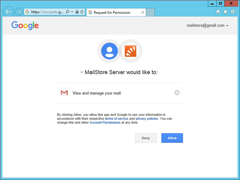 MailStore Server connects to Gmail via OAuth