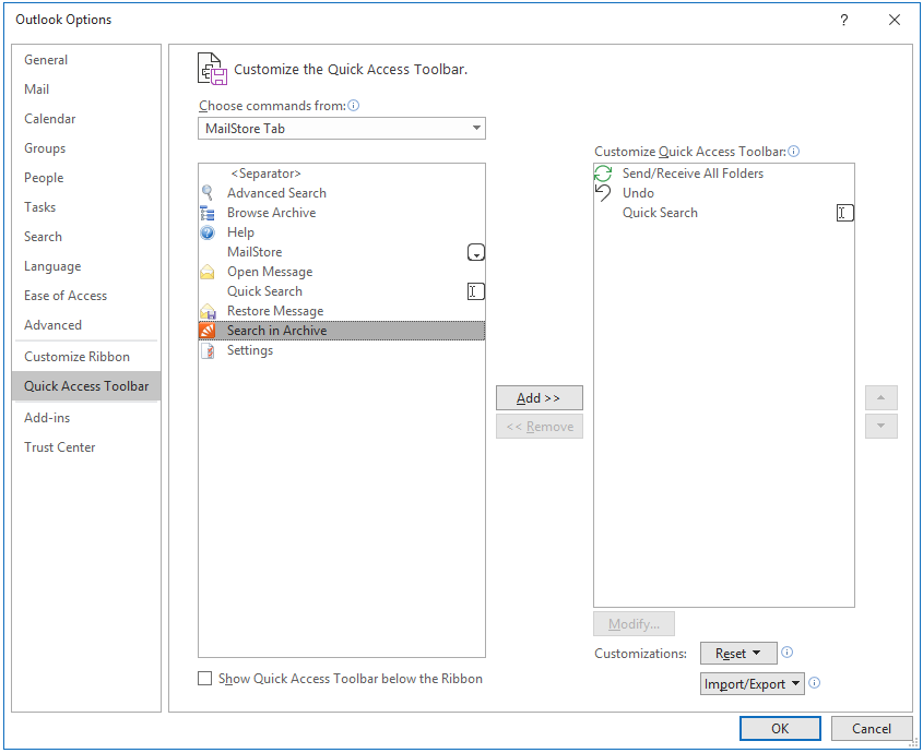 Screenshot of the Microsoft Outlook Quick Access Toolbar