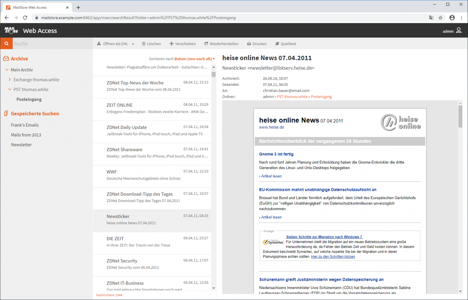 MailStore Web Access - platform independent archive access via browser
