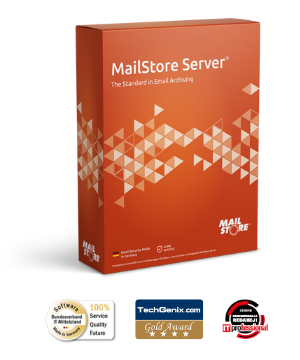 Boxshot MailStore Server with Techgenix Gold Award, Bitmi Badge an IT Professional Badge