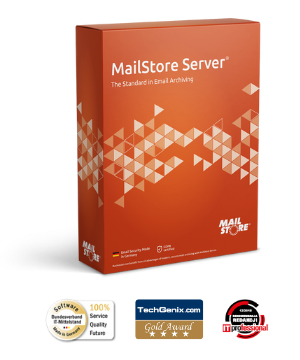 Boxshot MailStore Server with Techgenix Gold Award, Bitmi Badge an IT Professional Badge